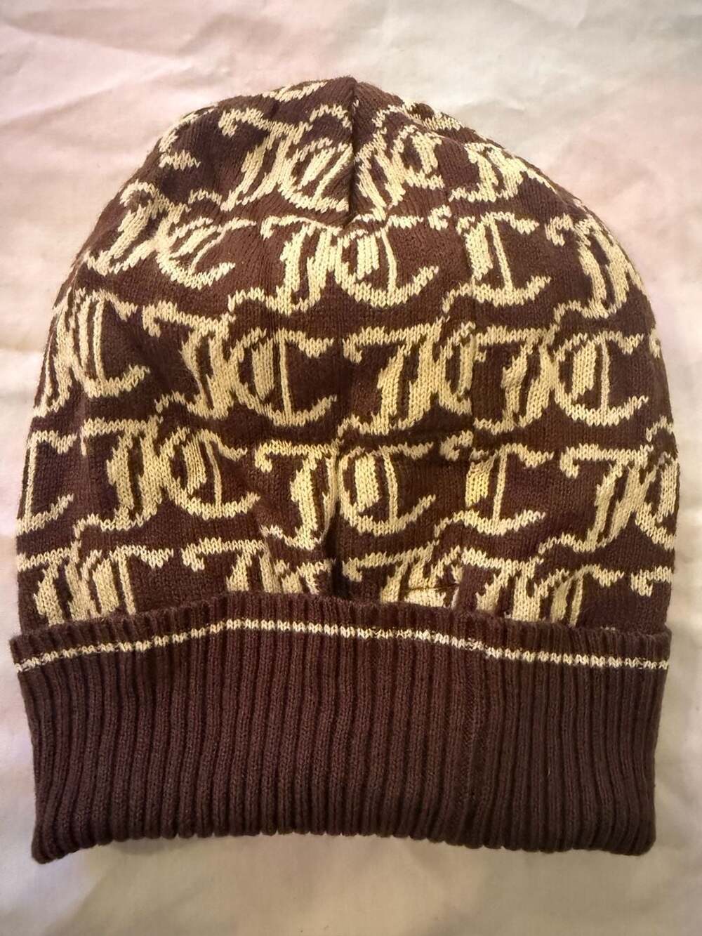 Juicy Couture Monogram Logo Knit Beanie Hat Brown Cream Y2K One Size